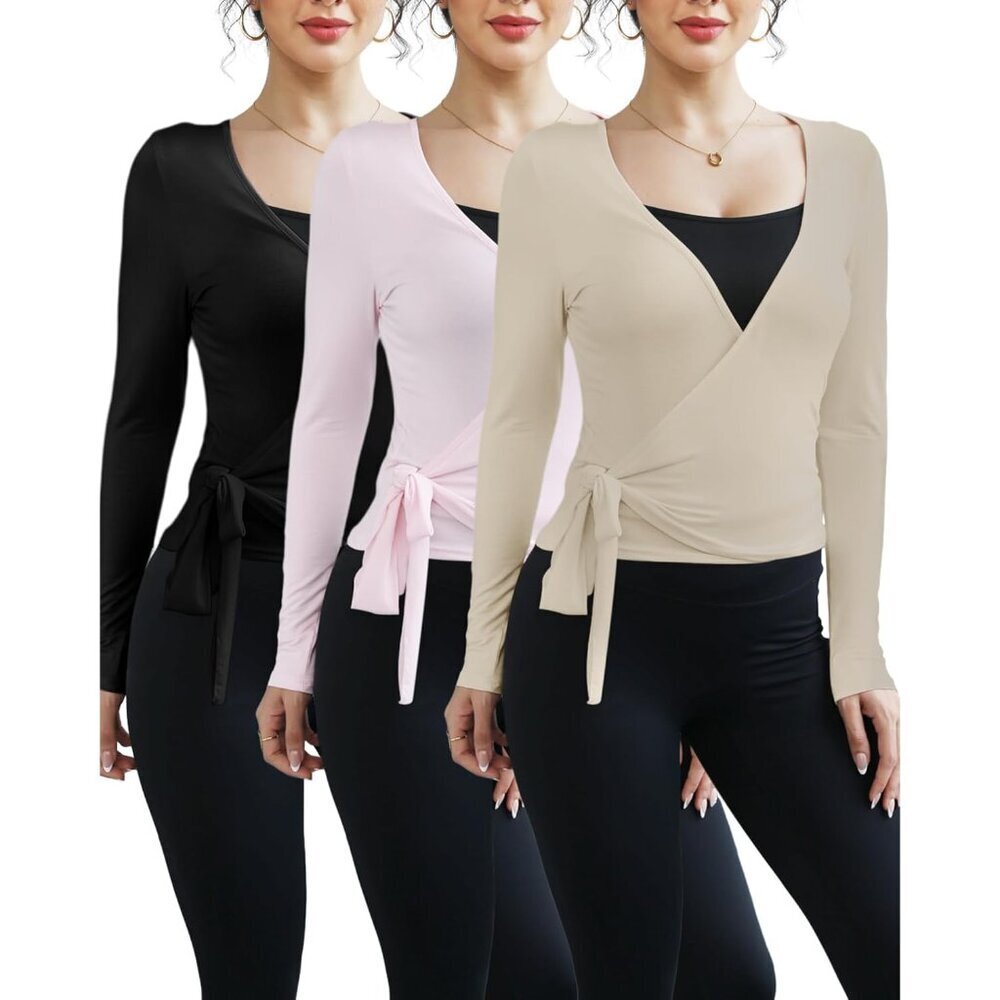 Women Ballet Wrap Tops 3 Pack Polyester Crop Short Sleeve Yoga Workout Tops